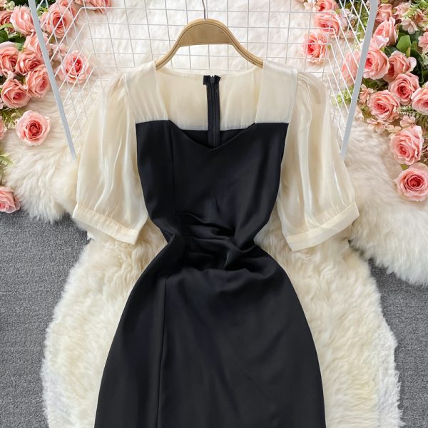 Fallretro Slimming Temperament Long Sleeve Fairy Skirt Super Mori Split Color Matching Square Collar Dress - Image 3