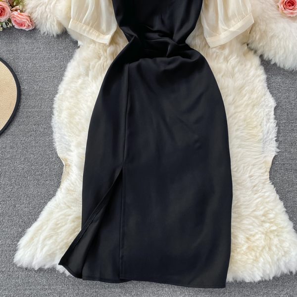 Fallretro Slimming Temperament Long Sleeve Fairy Skirt Super Mori Split Color Matching Square Collar Dress - Image 4