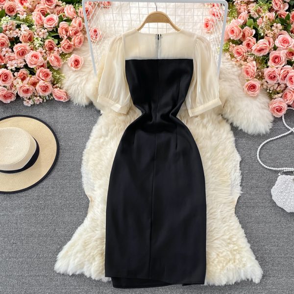 Fallretro Slimming Temperament Long Sleeve Fairy Skirt Super Mori Split Color Matching Square Collar Dress - Image 5