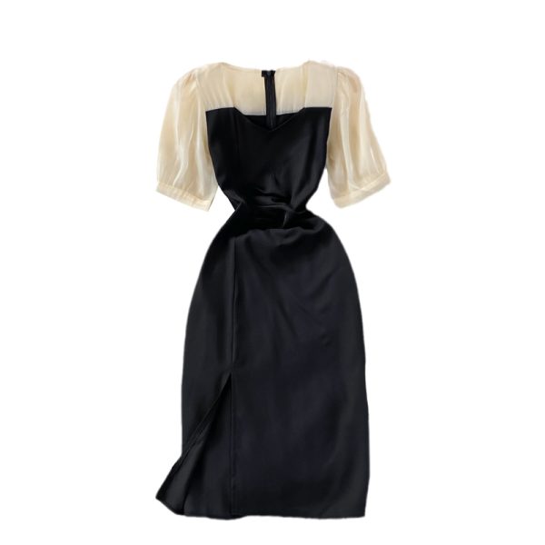 Fallretro Slimming Temperament Long Sleeve Fairy Skirt Super Mori Split Color Matching Square Collar Dress - Image 6
