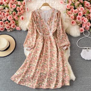 Lace V-neck Chiffon Floral Dress Autumn New French Puff Sleeve Large Swing Dress Tea Dress