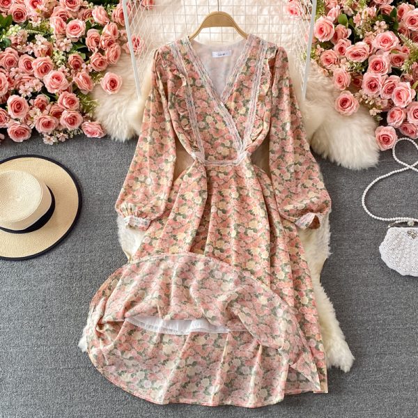 Lace V-neck Chiffon Floral Dress Autumn New French Puff Sleeve Large Swing Dress Tea Dress - Image 3