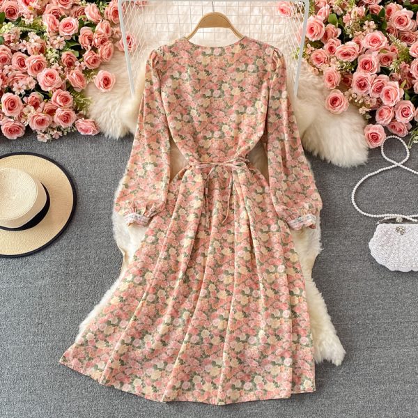 Lace V-neck Chiffon Floral Dress Autumn New French Puff Sleeve Large Swing Dress Tea Dress - Image 4