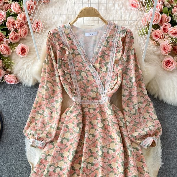 Lace V-neck Chiffon Floral Dress Autumn New French Puff Sleeve Large Swing Dress Tea Dress - Image 5
