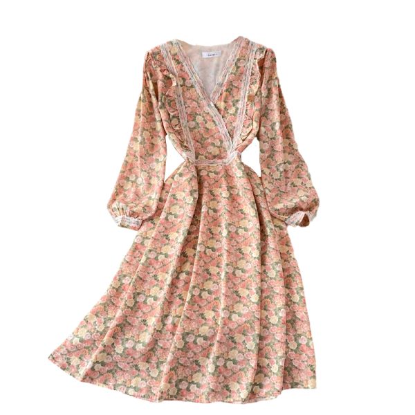 Lace V-neck Chiffon Floral Dress Autumn New French Puff Sleeve Large Swing Dress Tea Dress - Image 6