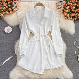 Autumn New Korean Style Elegant V-neck Shirt Dress Mid-Length Polo Collar Loose Waist Tight Slimming Dress