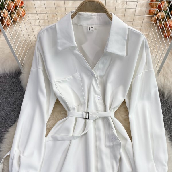 Autumn New Korean Style Elegant V-neck Shirt Dress Mid-Length Polo Collar Loose Waist Tight Slimming Dress - Image 3