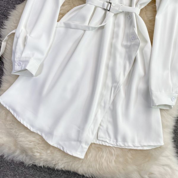 Autumn New Korean Style Elegant V-neck Shirt Dress Mid-Length Polo Collar Loose Waist Tight Slimming Dress - Image 4