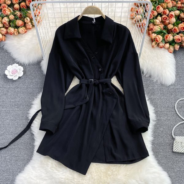 Autumn New Korean Style Elegant V-neck Shirt Dress Mid-Length Polo Collar Loose Waist Tight Slimming Dress - Image 5