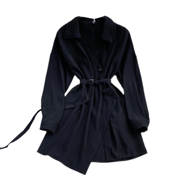 Autumn New Korean Style Elegant V-neck Shirt Dress Mid-Length Polo Collar Loose Waist Tight Slimming Dress - Image 6
