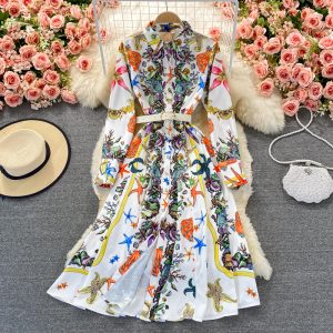 Retro high-end light luxury temperament printing waist slimming single-breasted lapel elegant high waist large swing dress