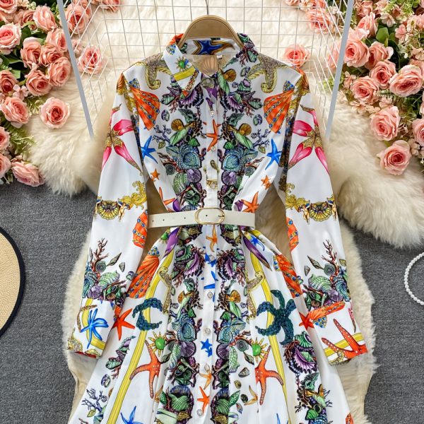 Retro high-end light luxury temperament printing waist slimming single-breasted lapel elegant high waist large swing dress - Image 3