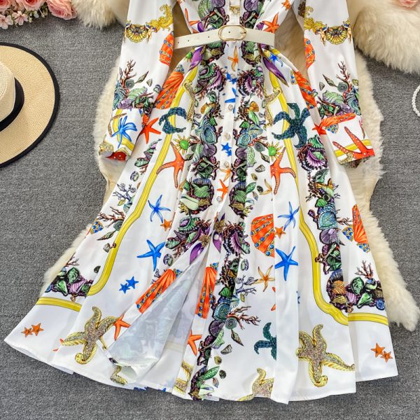 Retro high-end light luxury temperament printing waist slimming single-breasted lapel elegant high waist large swing dress - Image 4