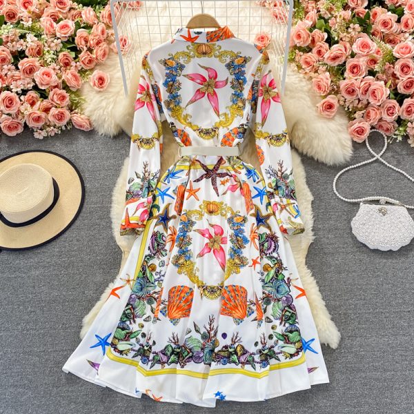 Retro high-end light luxury temperament printing waist slimming single-breasted lapel elegant high waist large swing dress - Image 5