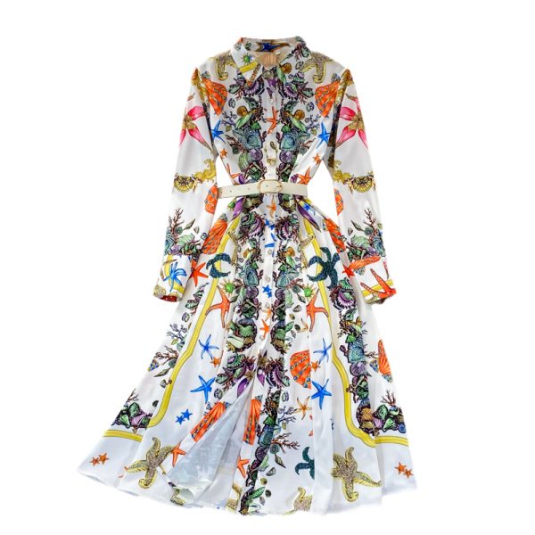 Retro high-end light luxury temperament printing waist slimming single-breasted lapel elegant high waist large swing dress - Image 6